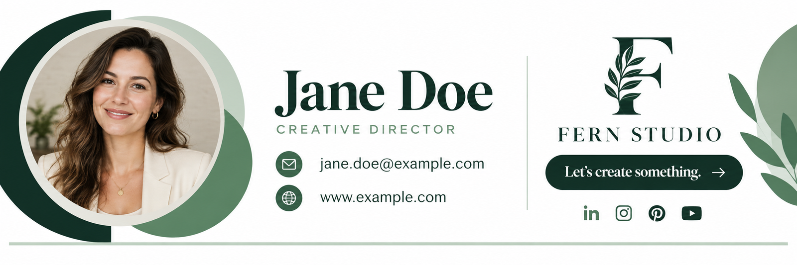 Jane Doe, Creative Director at fictional Fern Studio, with portrait and botanical green branding.