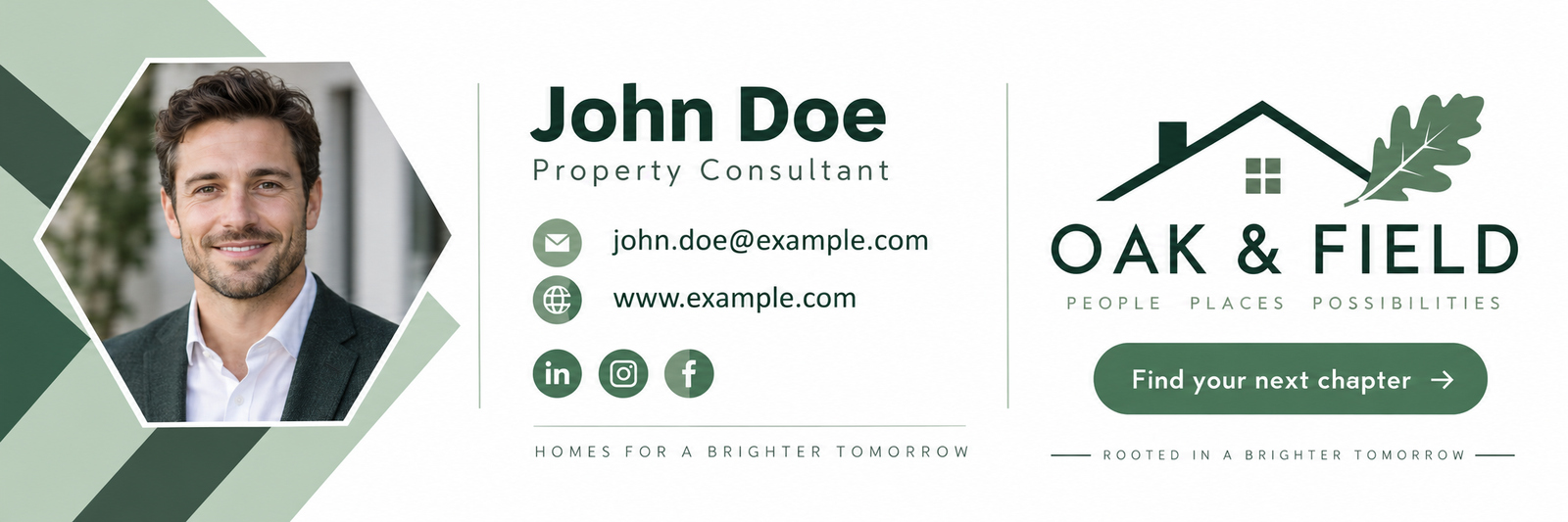 John Doe, Property Consultant at fictional Oak & Field, with portrait and green geometric branding.